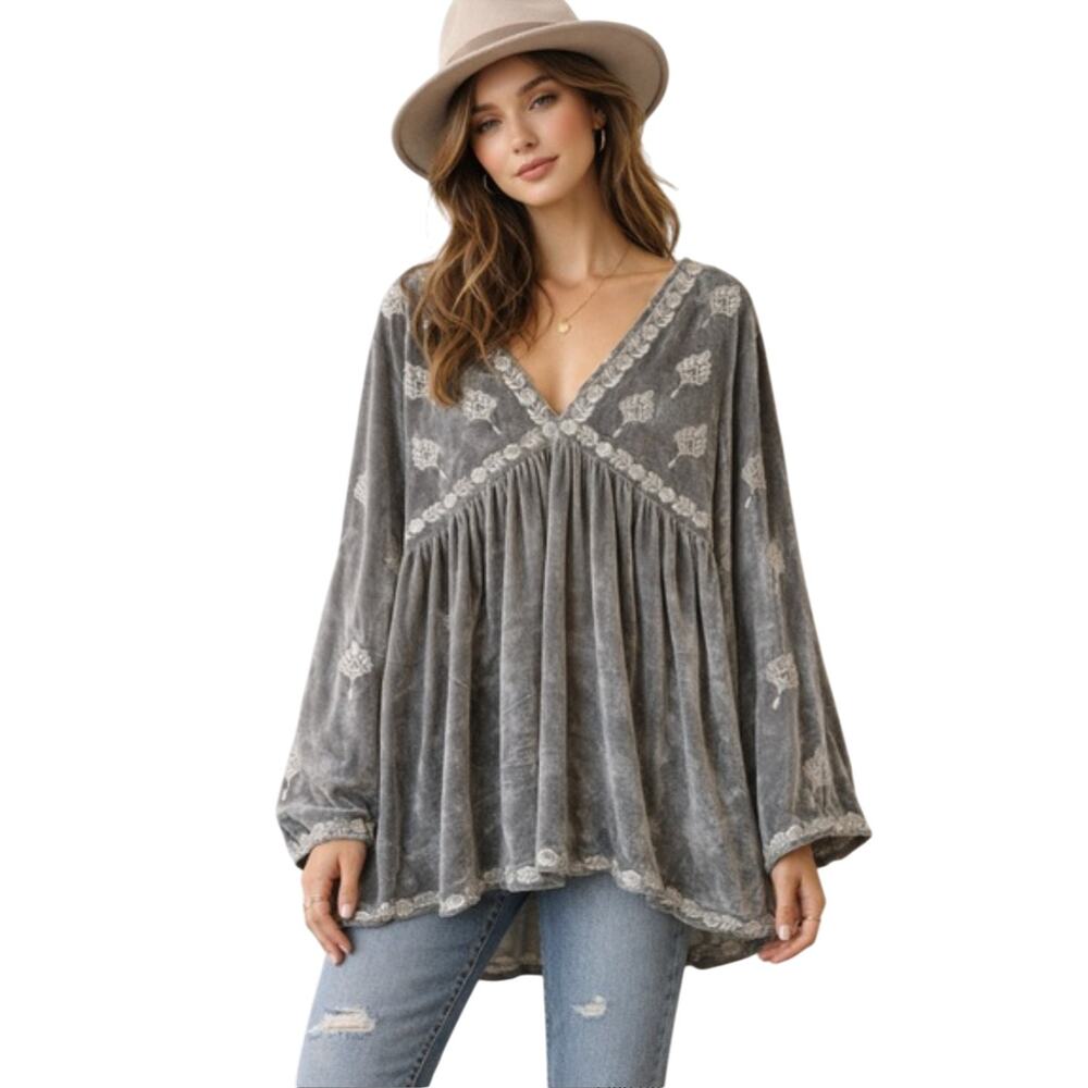POL Velvet Tunic Silver Gray Women’s Medium Boho Fairy Cottage Festival Babydoll - Picture 2 of 16